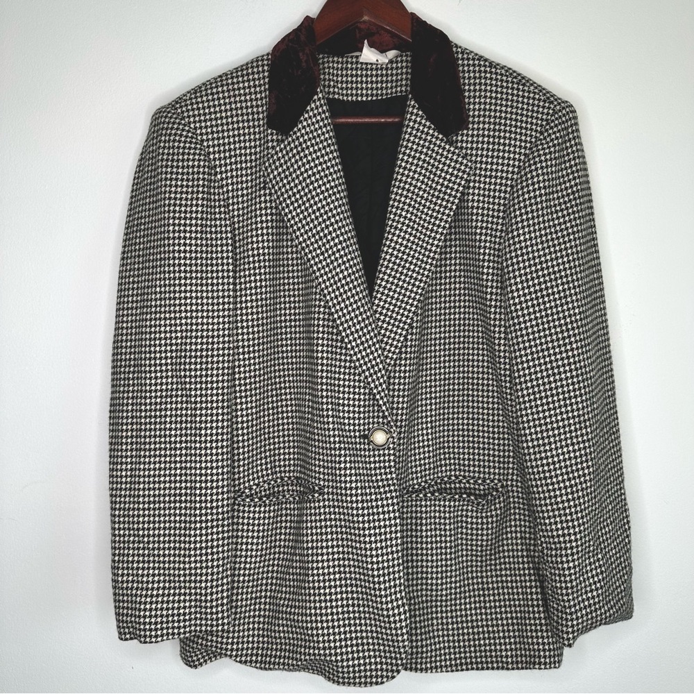 Vintage Sellecca Wool Blend Houndstooth One Button Dark Academia Blazer Size 8